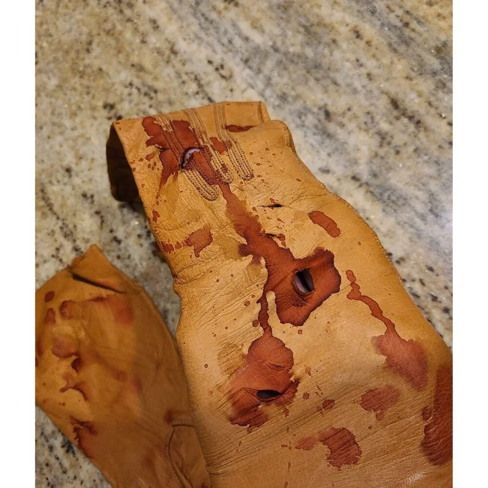 Vintage Size S Brown Leather Gloves Fake Bloody Horror Costume Slashed Worn